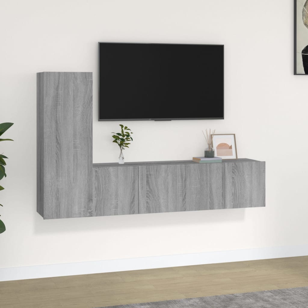 3-delige Tv-meubelset bewerkt hout grijs sonoma eikenkleurig