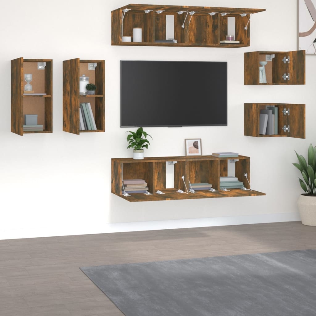 8-delige Tv-meubelset bewerkt hout gerookt eikenkleurig