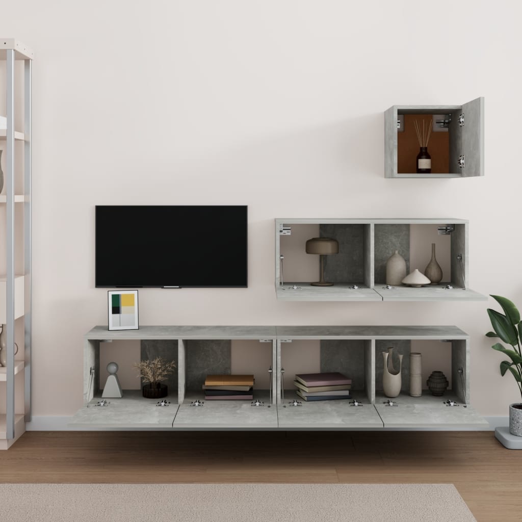 4-delige Tv-meubelset bewerkt hout betongrijs