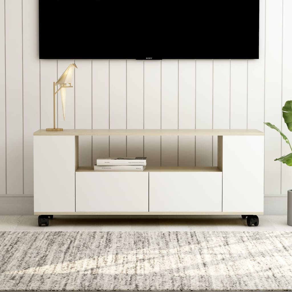 Tv-meubel 120x35x43 cm bewerkt hout wit en sonoma eikenkleurig