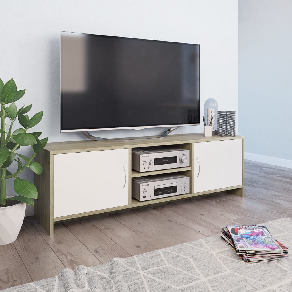Tv-meubel 120x30x37,5cm bewerkt hout wit en sonoma eikenkleurig