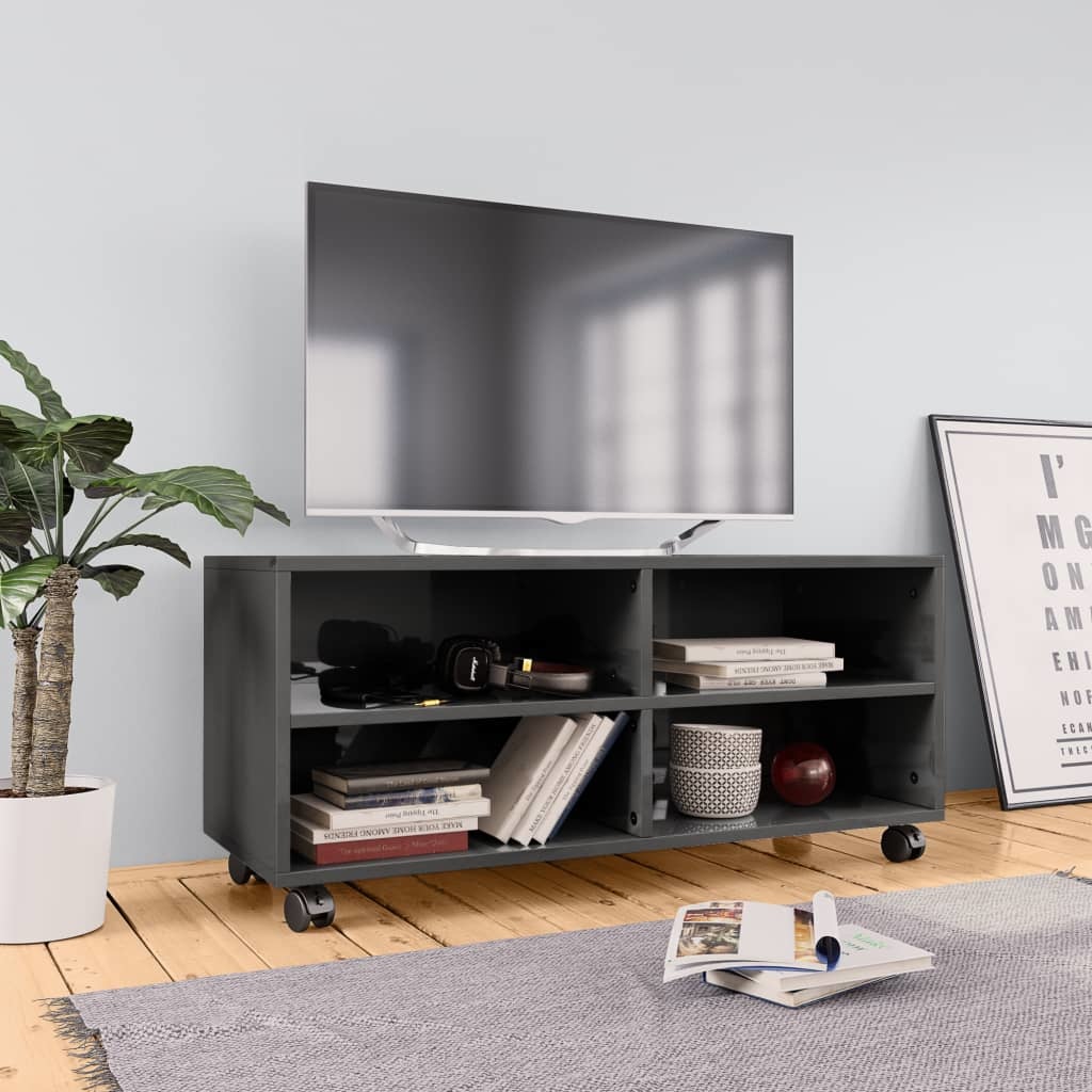 Tv-meubel met wieltjes 90x35x35 cm bewerkt hout hoogglans grijs