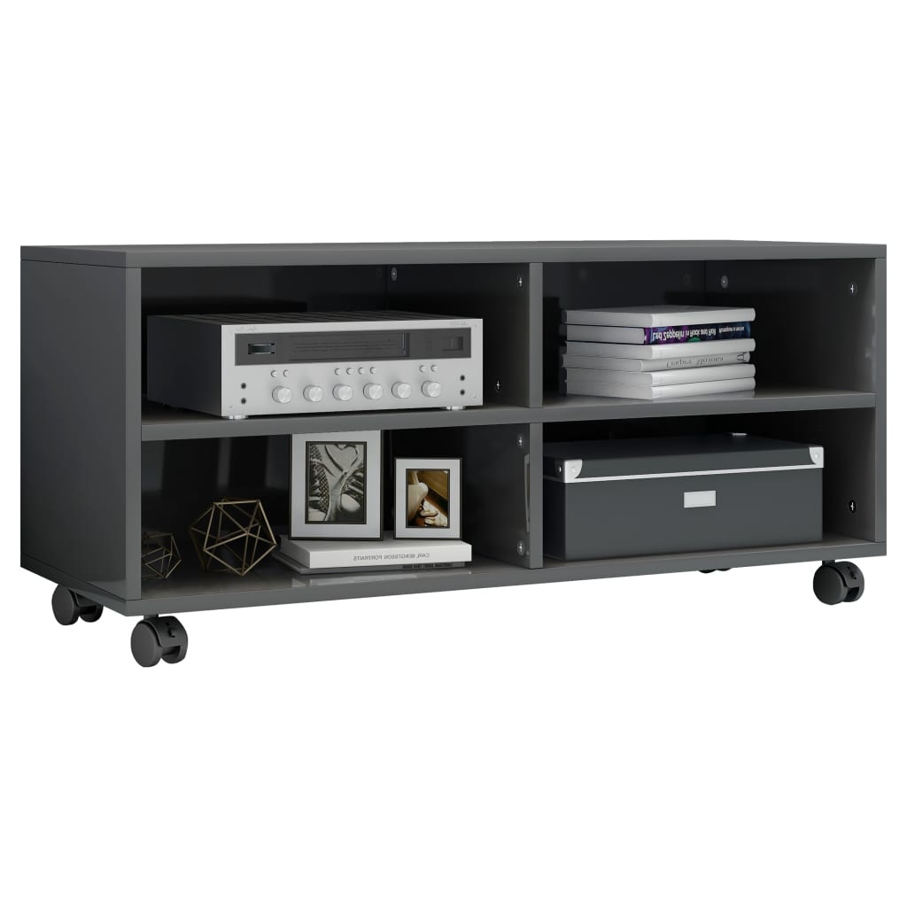 Tv-meubel met wieltjes 90x35x35 cm bewerkt hout hoogglans grijs