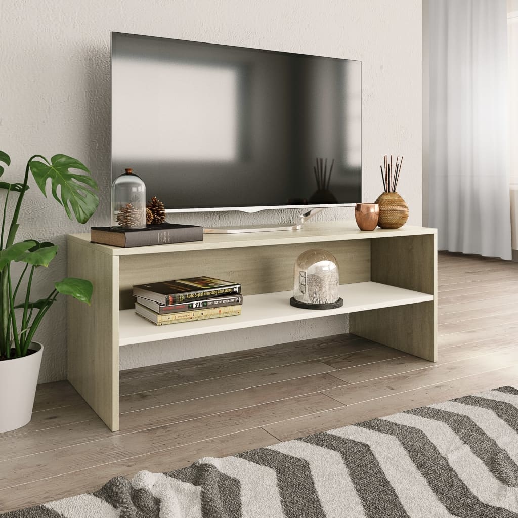 Tv-meubel 100x40x40 cm bewerkt hout wit en sonoma eikenkleurig