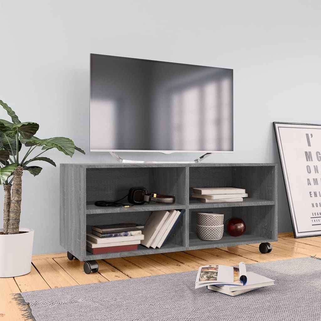 Tv-meubel met wieltjes 90x35x35 cm bewerkt hout grijs sonoma