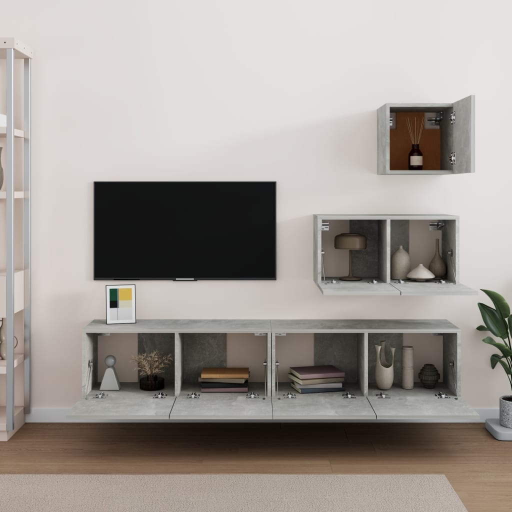 4-delige Tv-meubelset bewerkt hout betongrijs