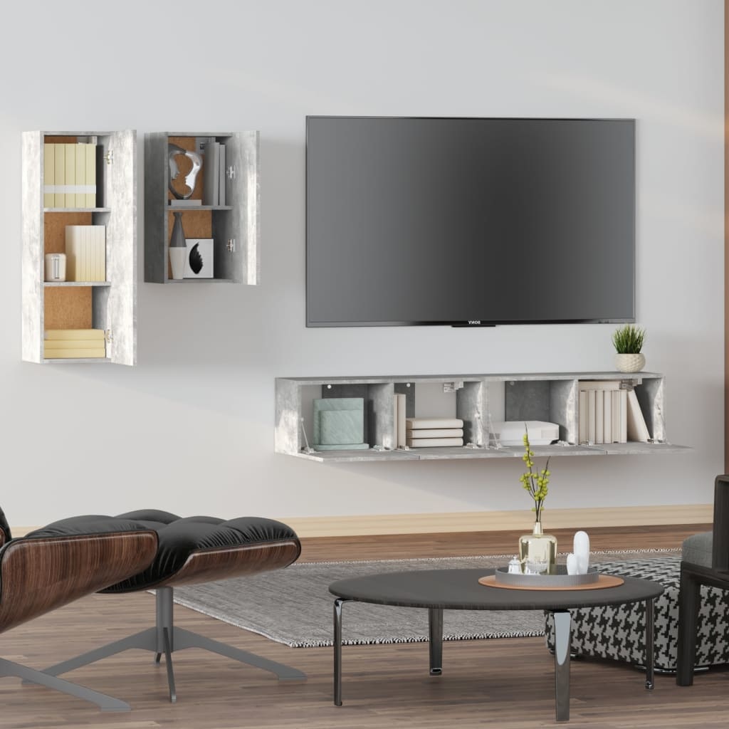4-delige Tv-meubelset bewerkt hout betongrijs