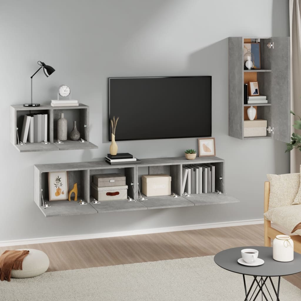 4-delige Tv-meubelset bewerkt hout betongrijs