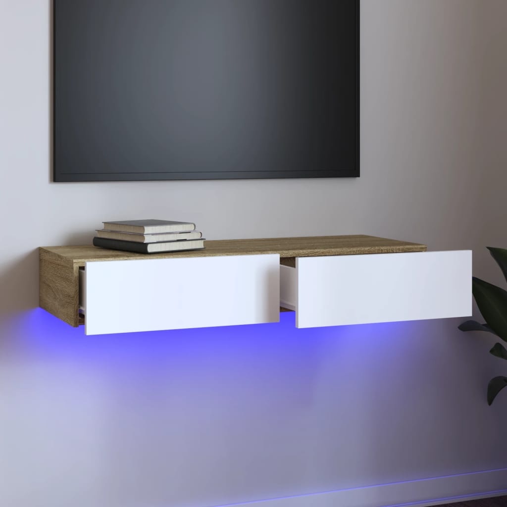 Tv-meubel met LED-verlichting 90x35x15,5 cm wit en sonoma eiken
