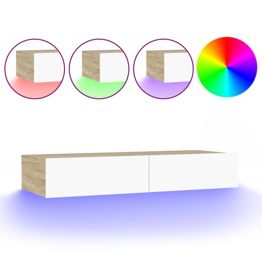 Tv-meubel met LED-verlichting 90x35x15,5 cm wit en sonoma eiken