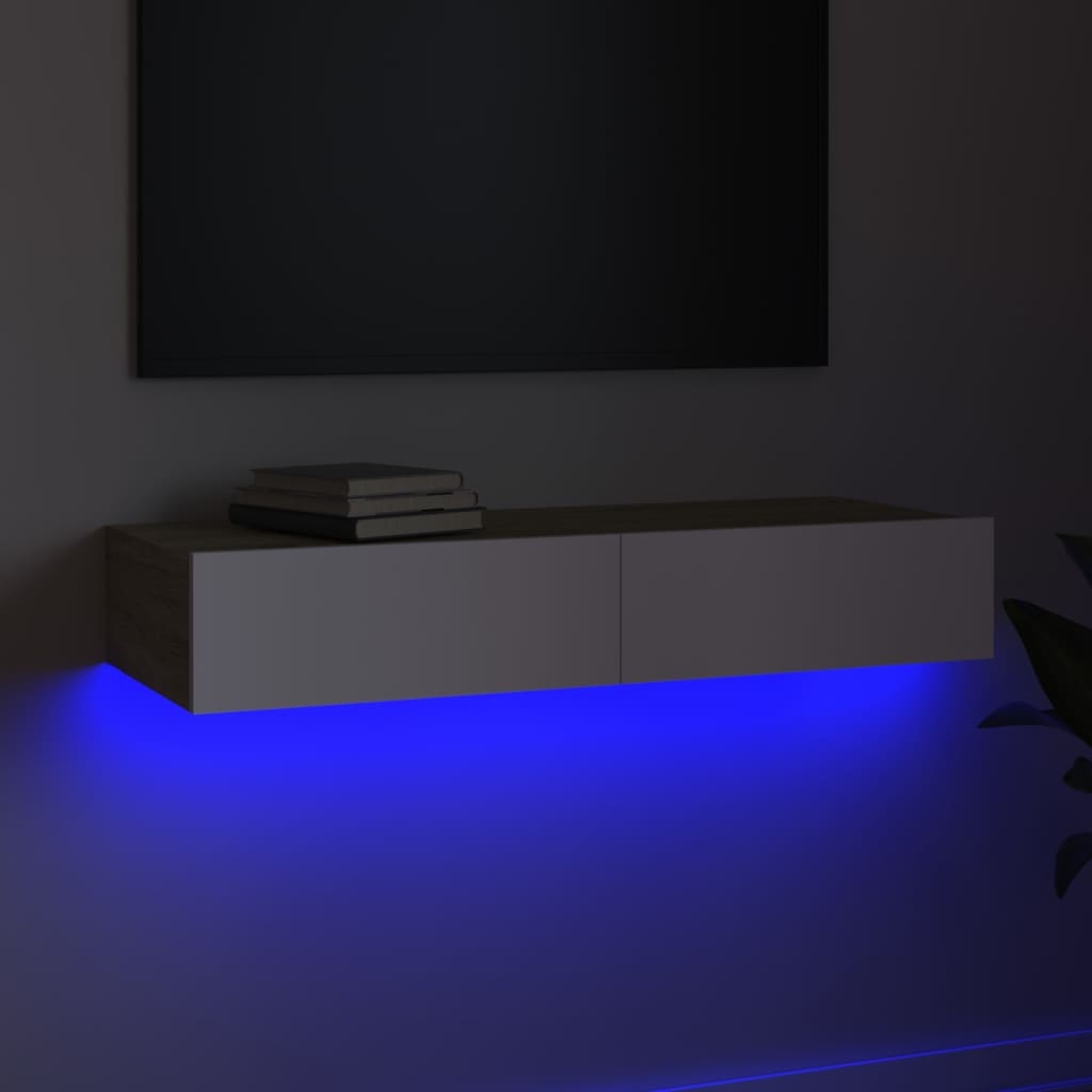 Tv-meubel met LED-verlichting 90x35x15,5 cm wit en sonoma eiken