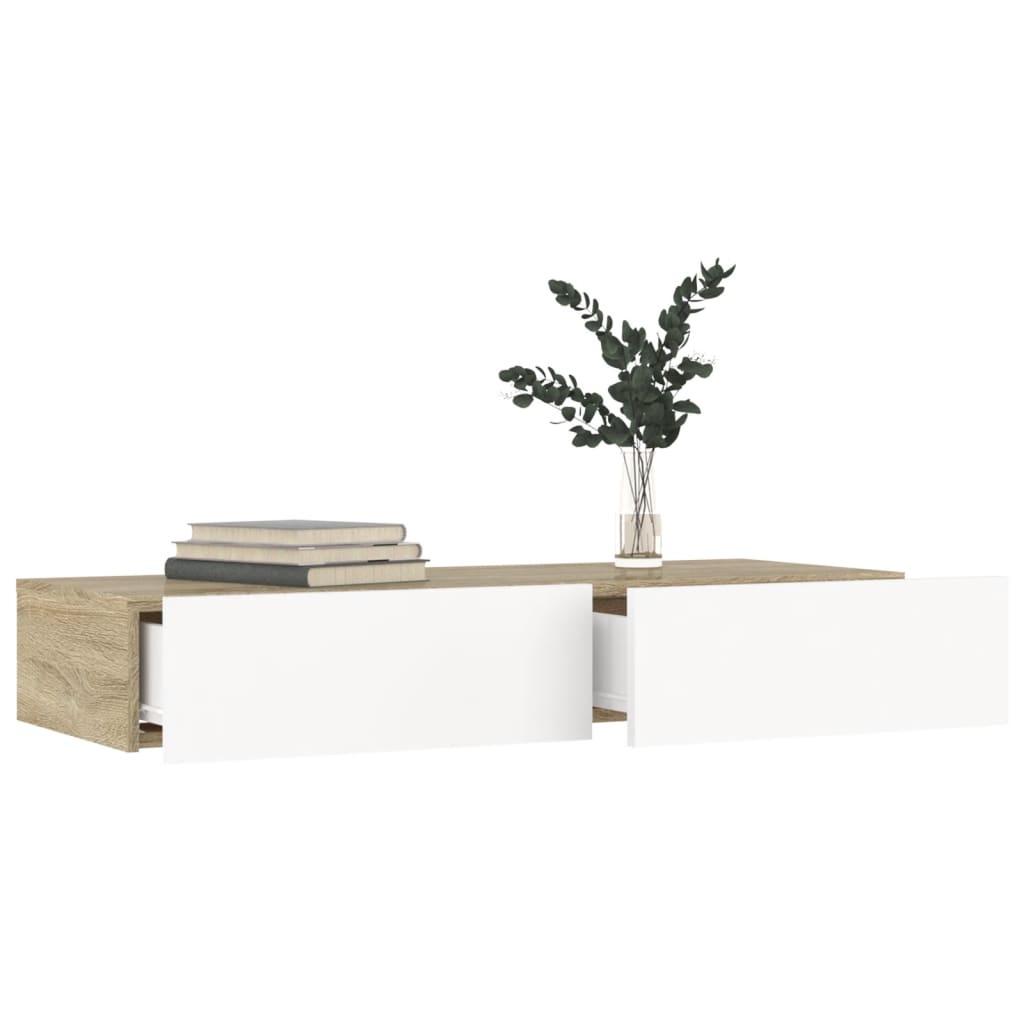 Tv-meubel met LED-verlichting 90x35x15,5 cm wit en sonoma eiken