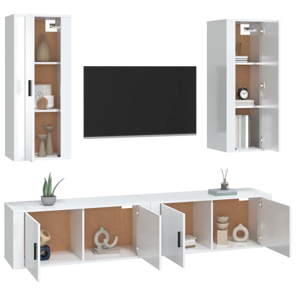 4-delige Tv-meubelset bewerkt hout hoogglans wit