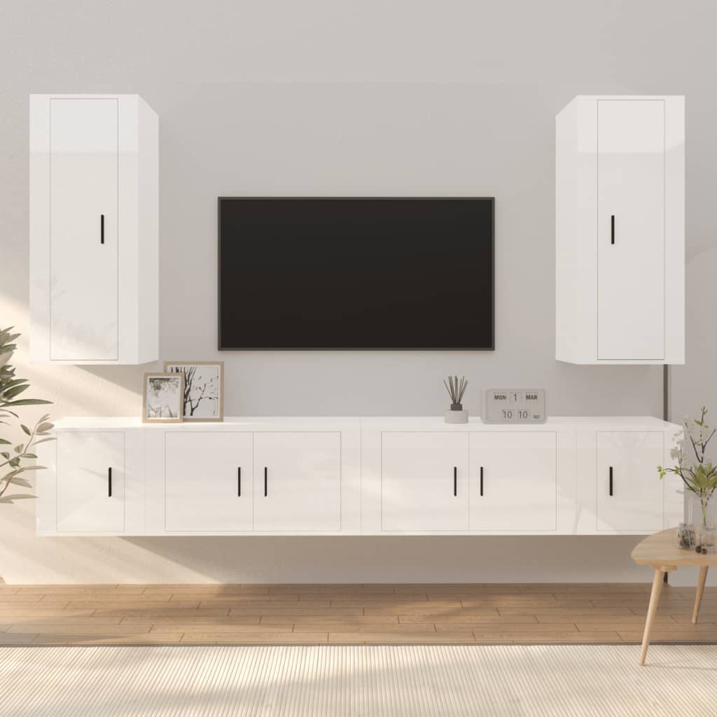 6-delige Tv-meubelset bewerkt hout hoogglans wit
