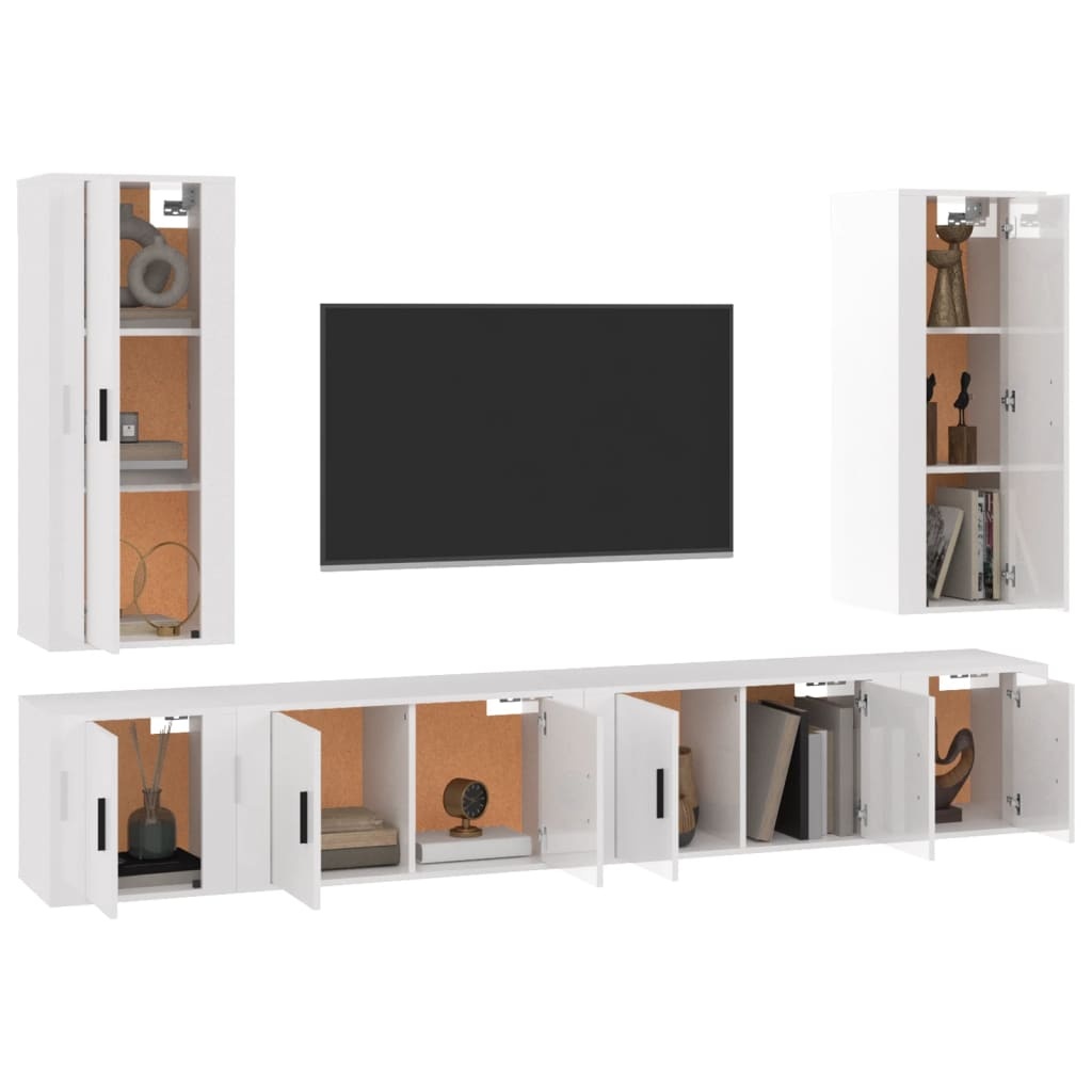 6-delige Tv-meubelset bewerkt hout hoogglans wit