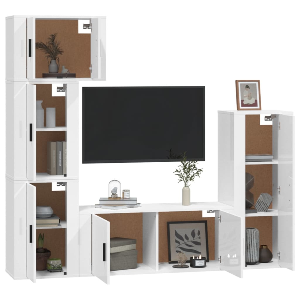 5-delige Tv-meubelset bewerkt hout hoogglans wit