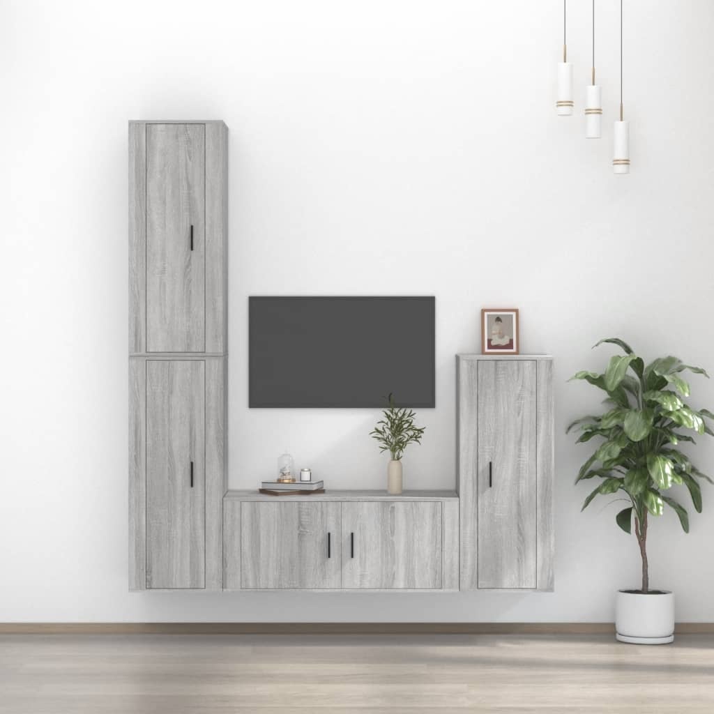 4-delige Tv-meubelset bewerkt hout grijs sonoma eikenkleurig