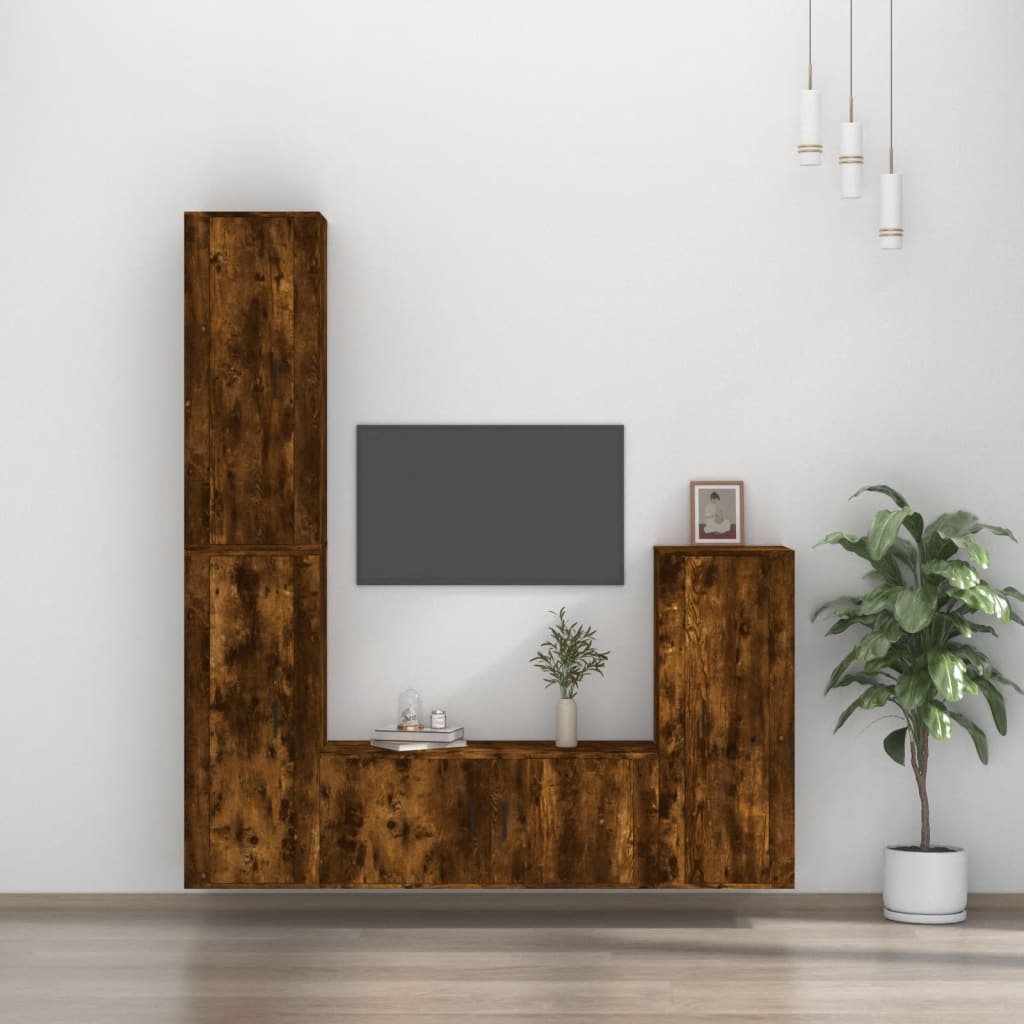 4-delige Tv-meubelset bewerkt hout gerookt eikenkleurig