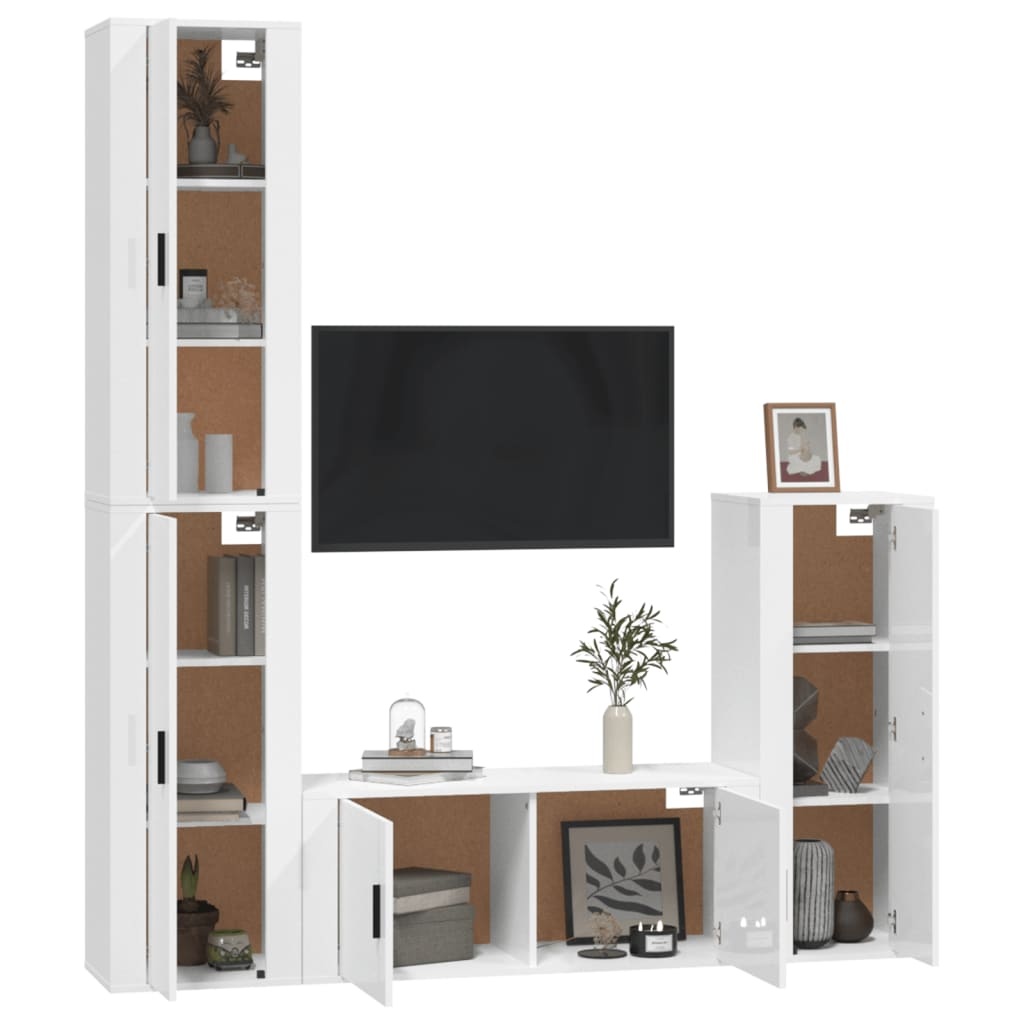4-delige Tv-meubelset bewerkt hout hoogglans wit
