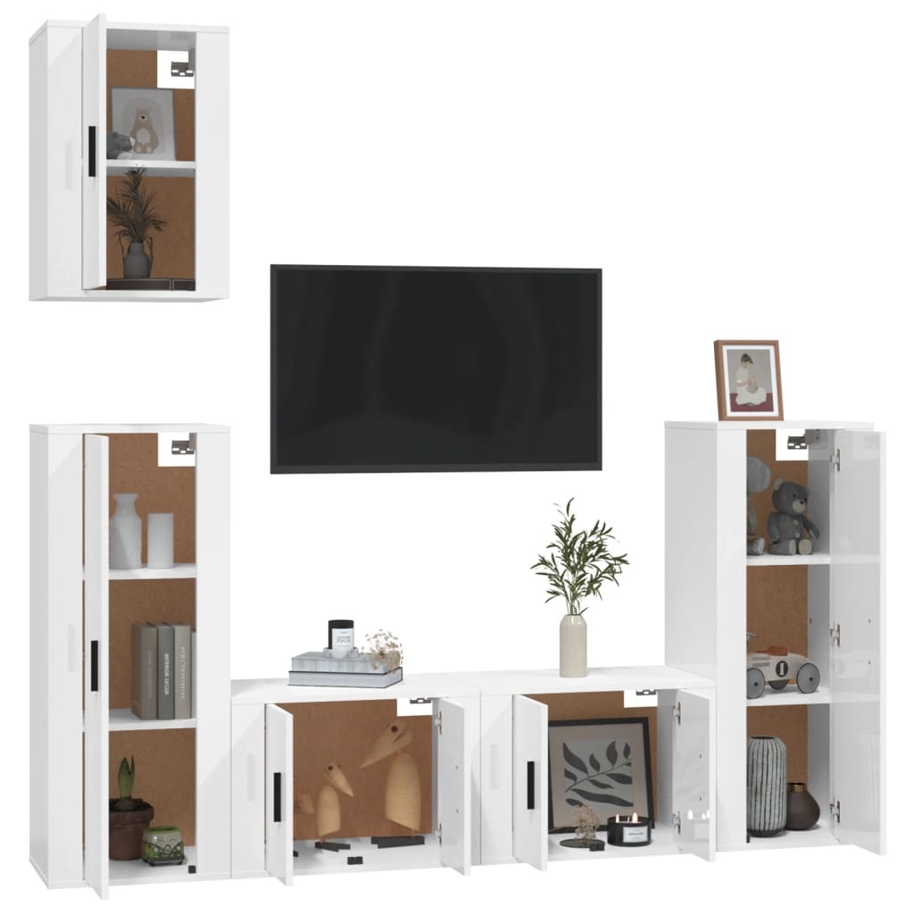 5-delige Tv-meubelset bewerkt hout hoogglans wit