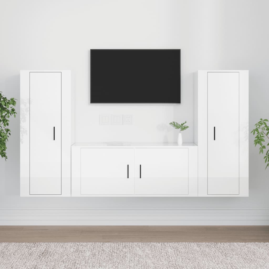 3-delige Tv-meubelset bewerkt hout hoogglans wit