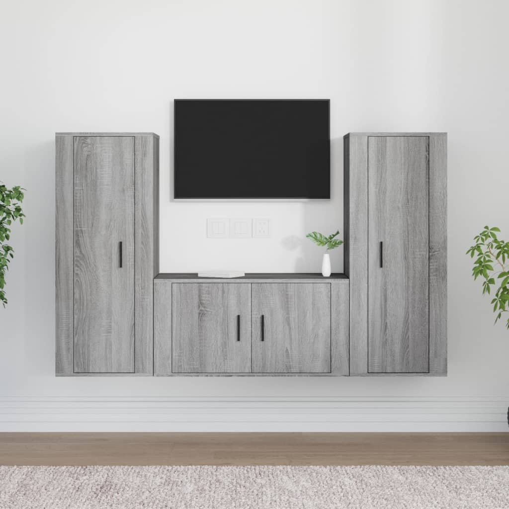 3-delige Tv-meubelset bewerkt hout grijs sonoma eikenkleurig