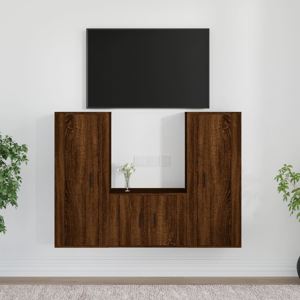 3-delige Tv-meubelset bewerkt hout bruineikenkleurig