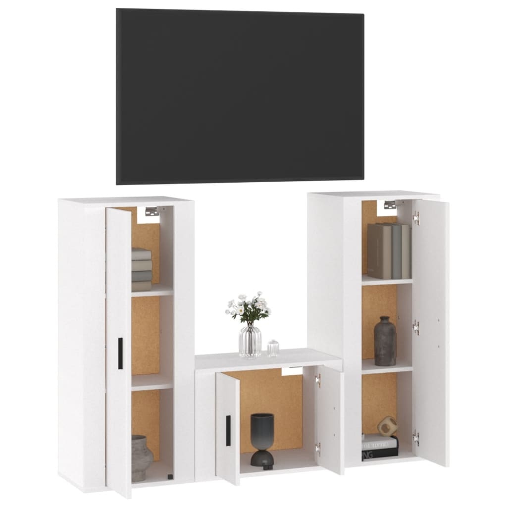 3-delige Tv-meubelset bewerkt hout hoogglans wit