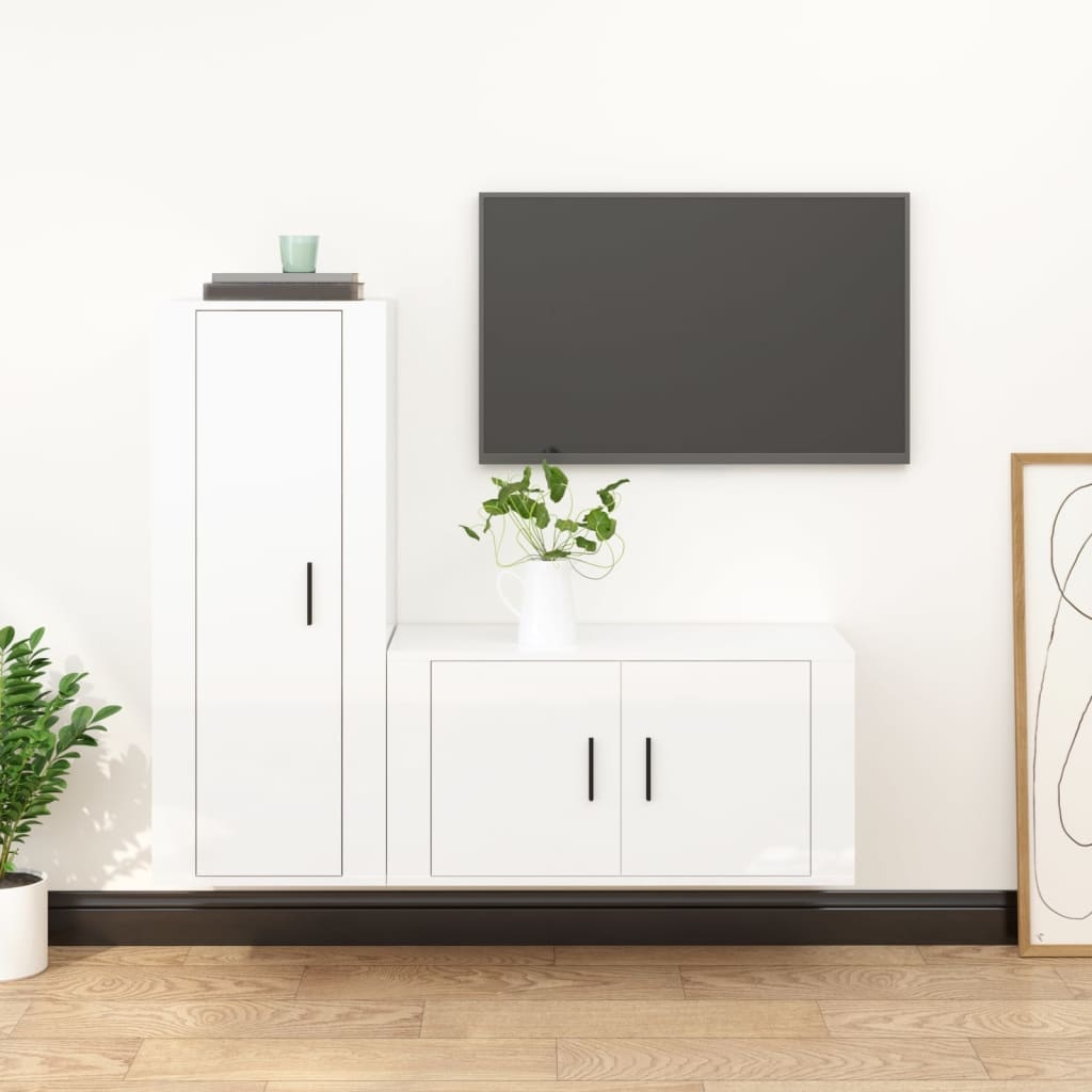 2-delige Tv-meubelset bewerkt hout hoogglans wit