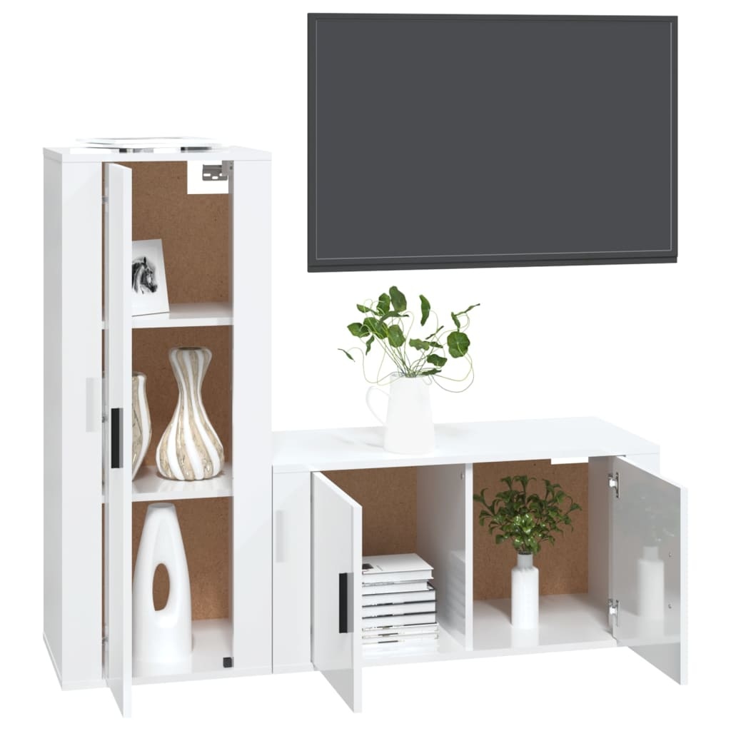 2-delige Tv-meubelset bewerkt hout hoogglans wit