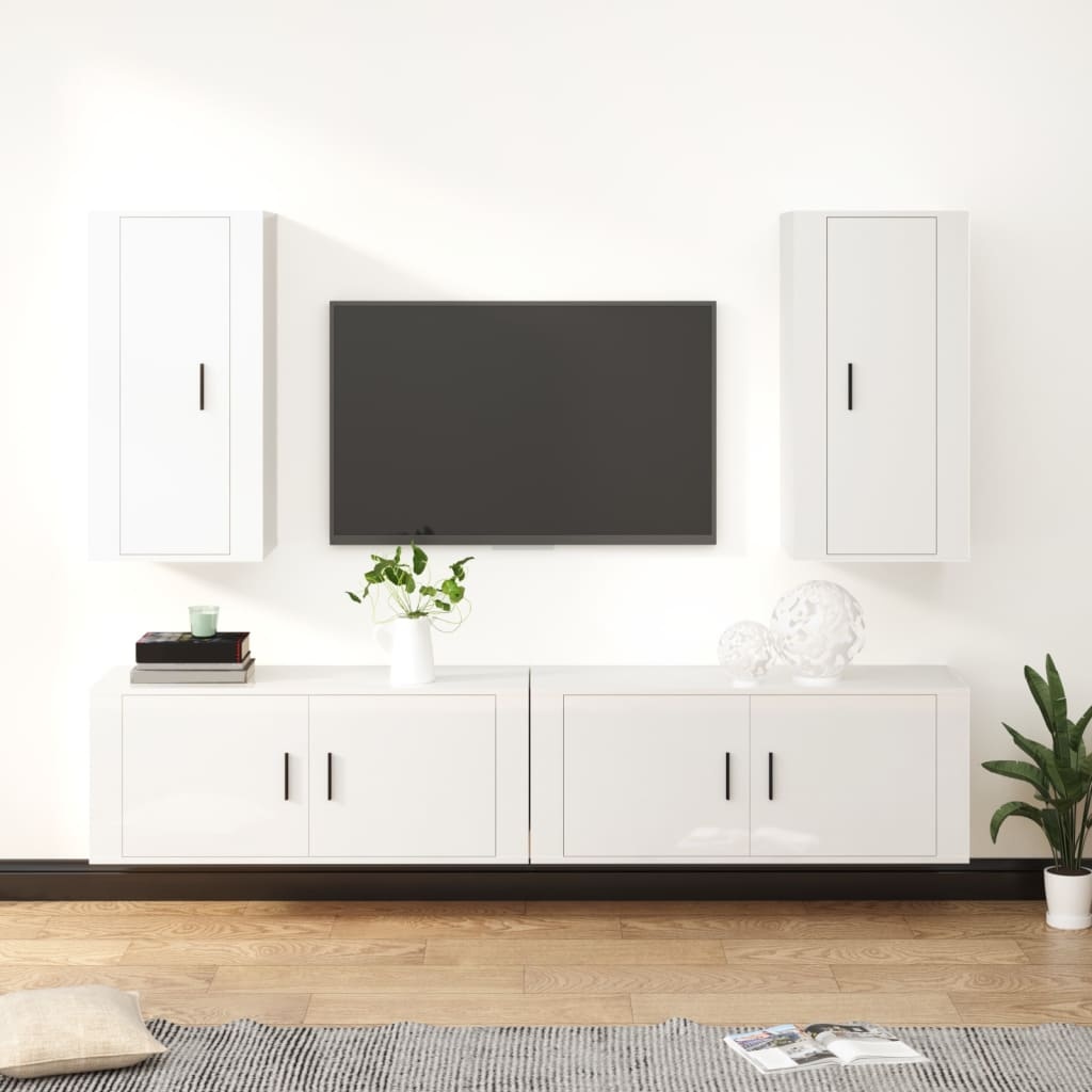 4-delige Tv-meubelset bewerkt hout hoogglans wit