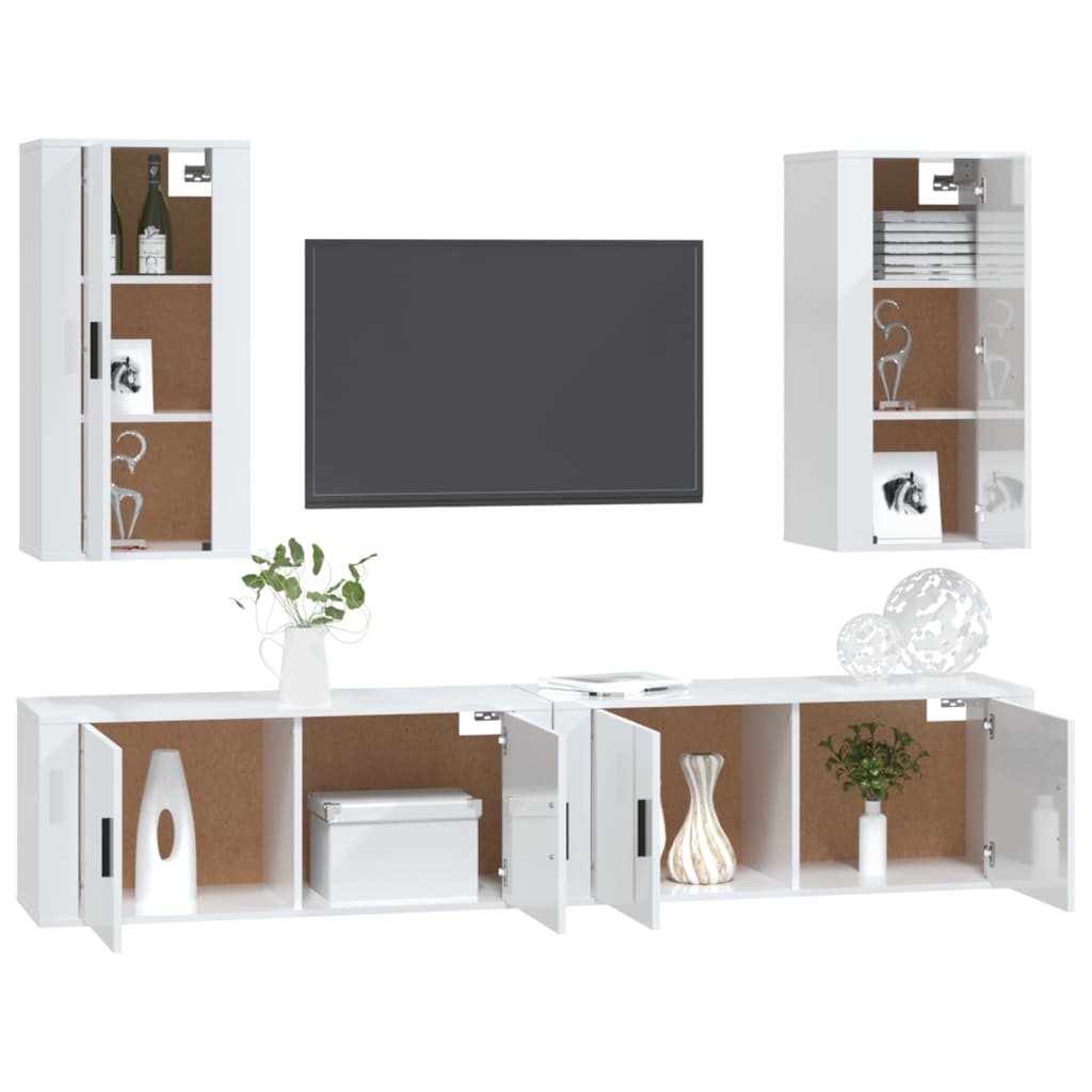 4-delige Tv-meubelset bewerkt hout hoogglans wit