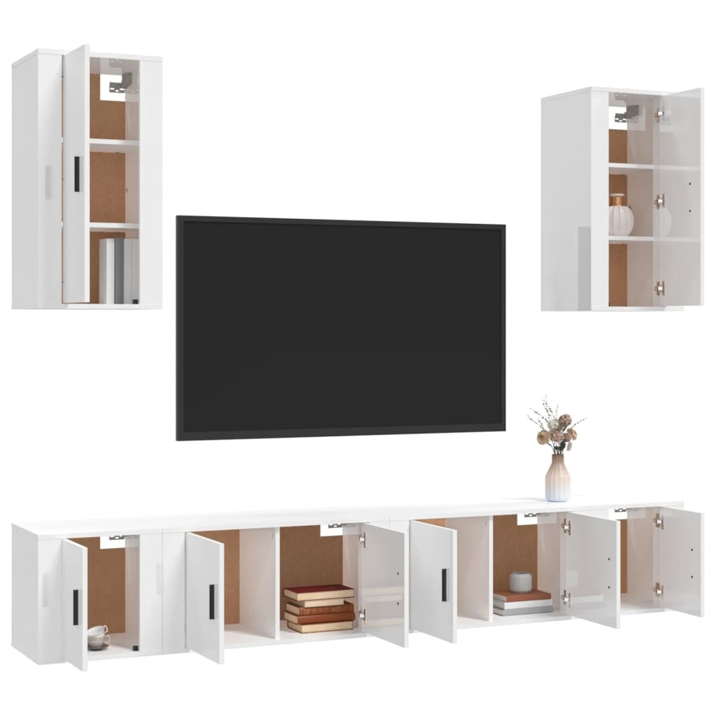 6-delige Tv-meubelset bewerkt hout hoogglans wit
