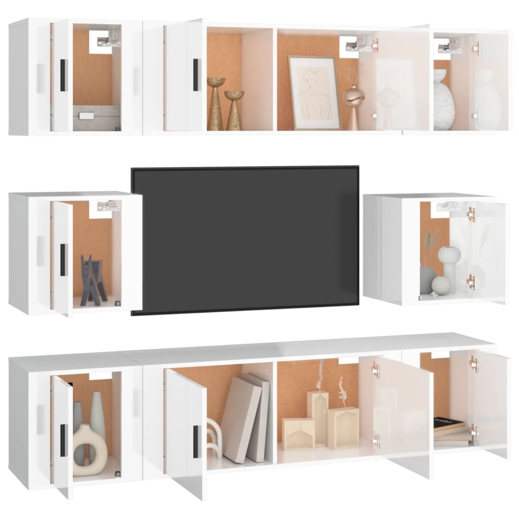 8-delige Tv-meubelset bewerkt hout hoogglans wit