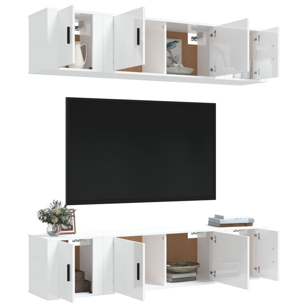6-delige Tv-meubelset bewerkt hout hoogglans wit