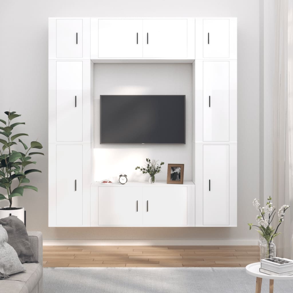 8-delige Tv-meubelset bewerkt hout hoogglans wit