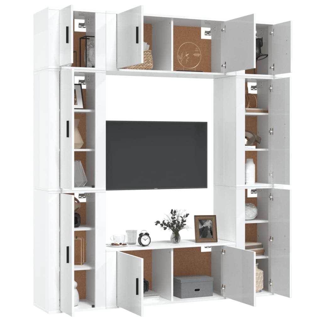 8-delige Tv-meubelset bewerkt hout hoogglans wit