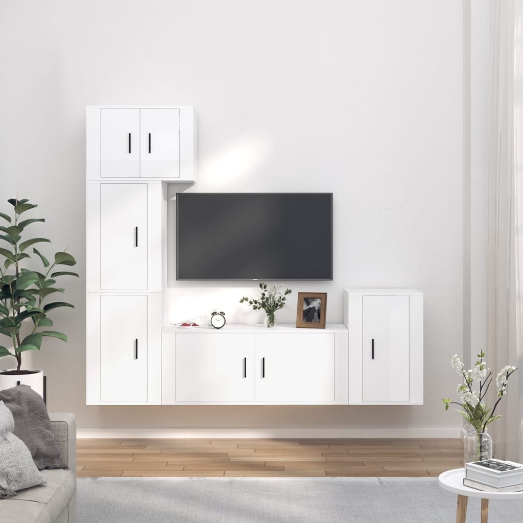 5-delige Tv-meubelset bewerkt hout hoogglans wit