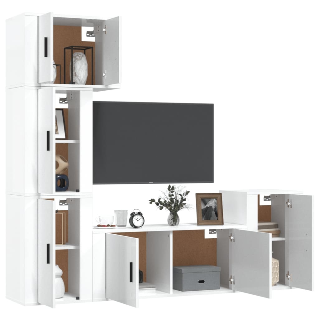 5-delige Tv-meubelset bewerkt hout hoogglans wit