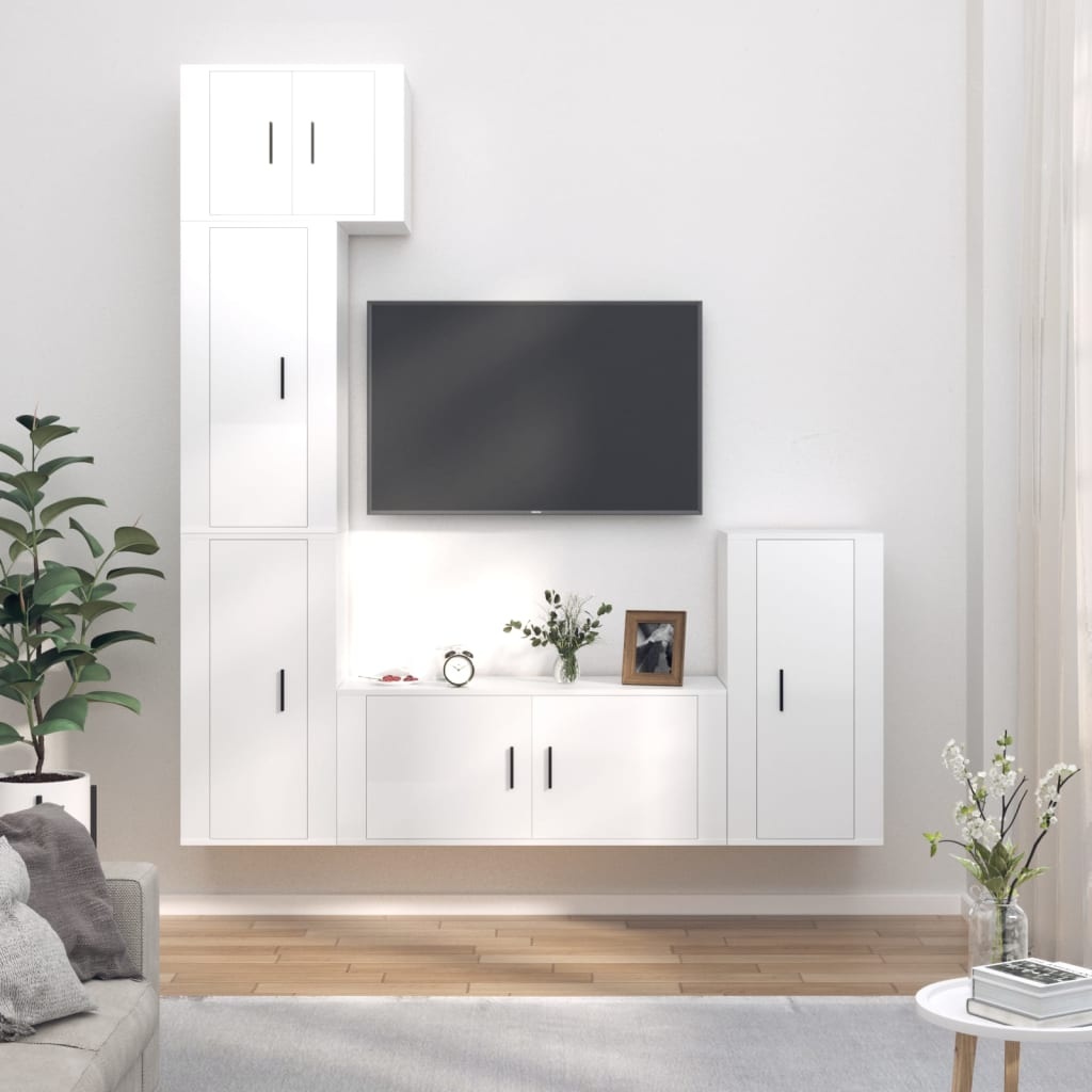 5-delige Tv-meubelset bewerkt hout hoogglans wit