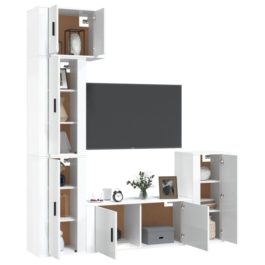 5-delige Tv-meubelset bewerkt hout hoogglans wit