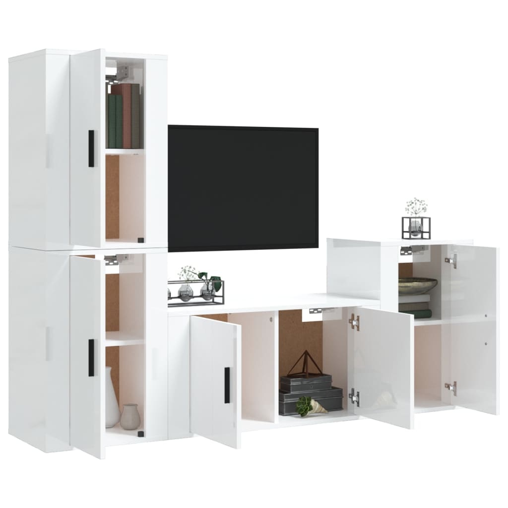 4-delige Tv-meubelset bewerkt hout hoogglans wit