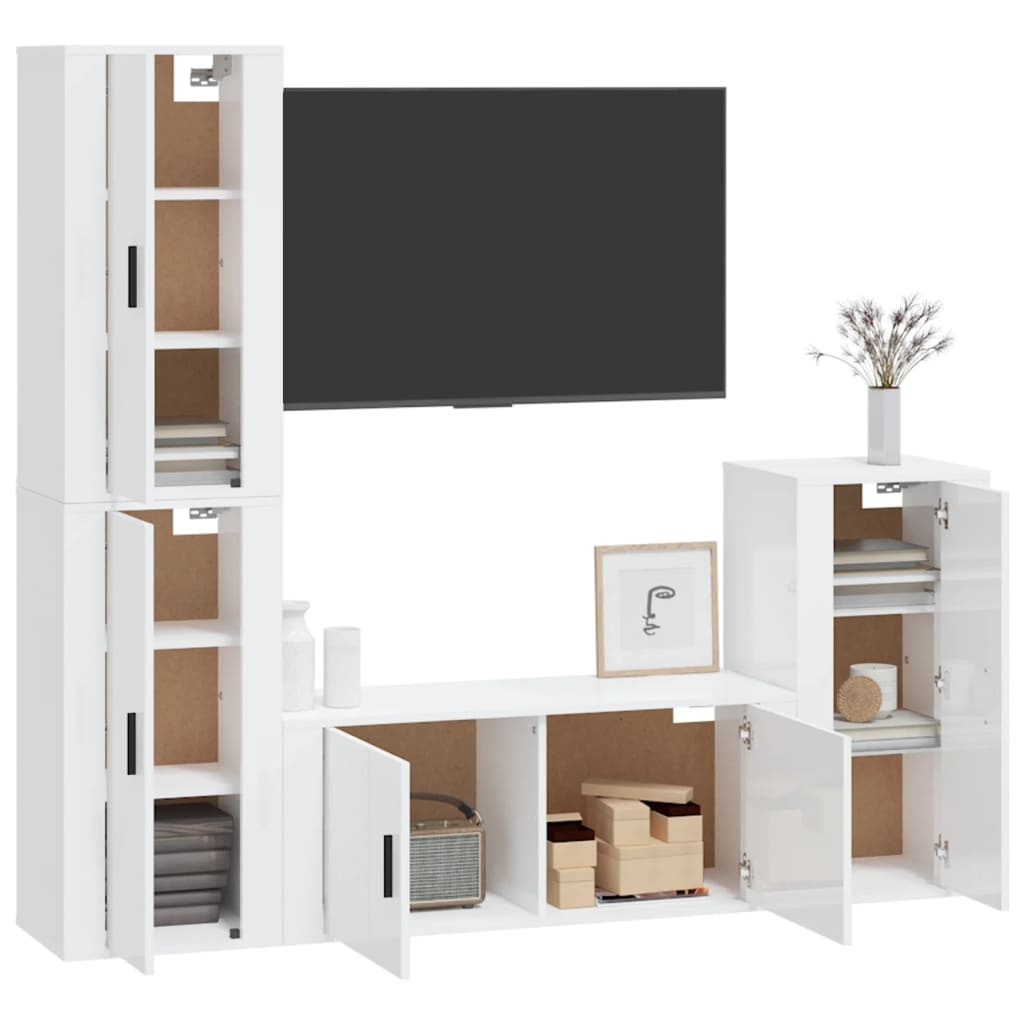 4-delige Tv-meubelset bewerkt hout hoogglans wit