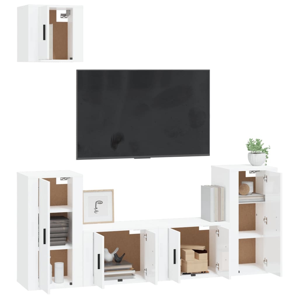 5-delige Tv-meubelset bewerkt hout hoogglans wit