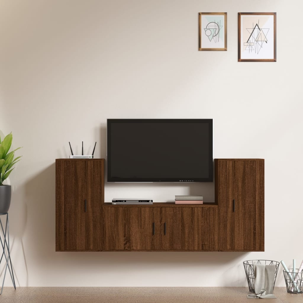 3-delige Tv-meubelset bewerkt hout bruineikenkleurig