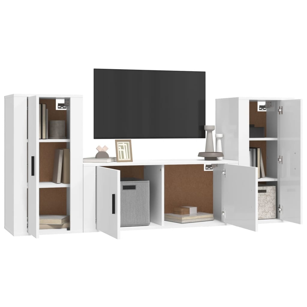 3-delige Tv-meubelset bewerkt hout hoogglans wit