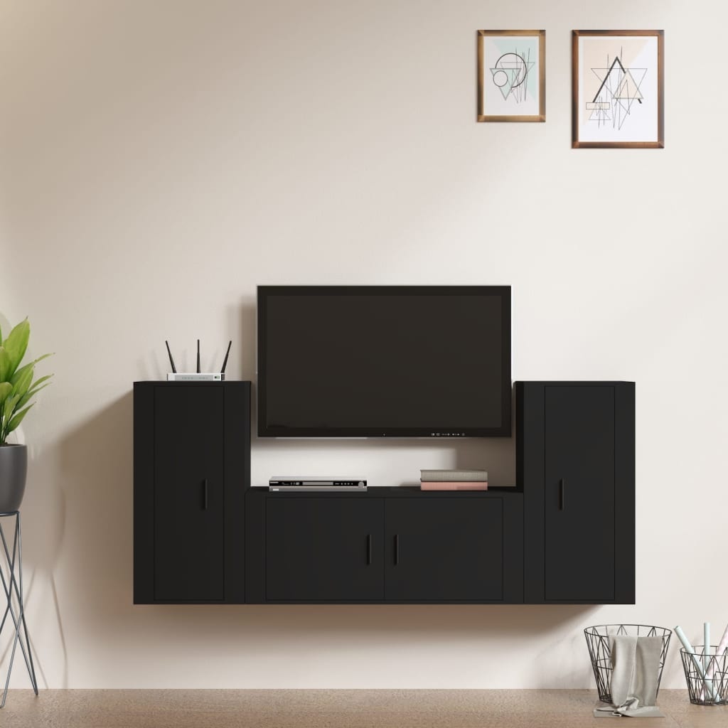 3-delige Tv-meubelset bewerkt hout zwart