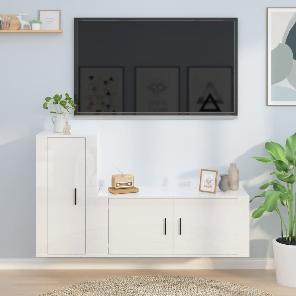2-delige Tv-meubelset bewerkt hout hoogglans wit