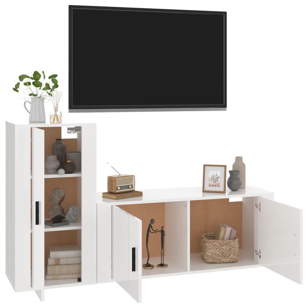 2-delige Tv-meubelset bewerkt hout hoogglans wit