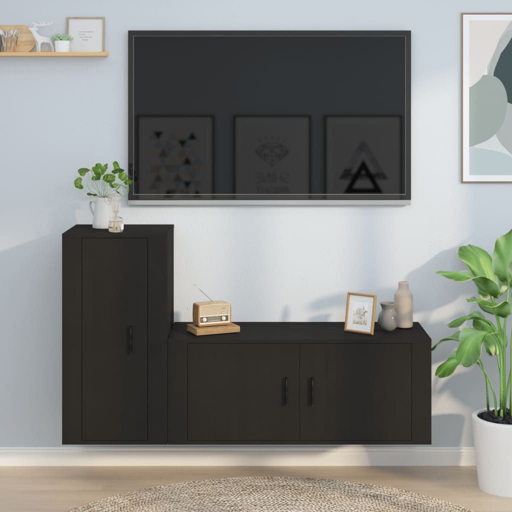 2-delige Tv-meubelset bewerkt hout zwart